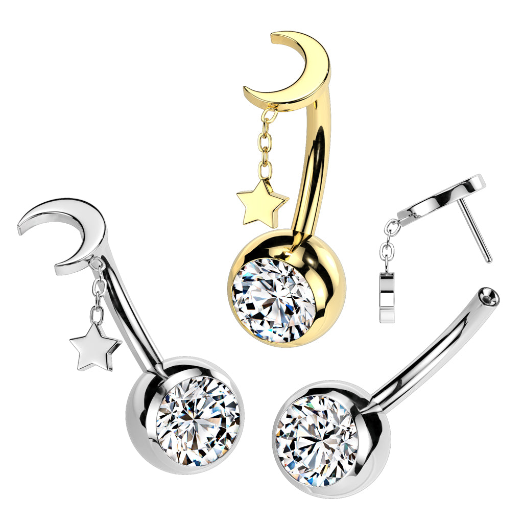 TITANIUM DANGLY MOON CHARM THREADLESS BELLY BAR - 10MM - 14 GAUGE
