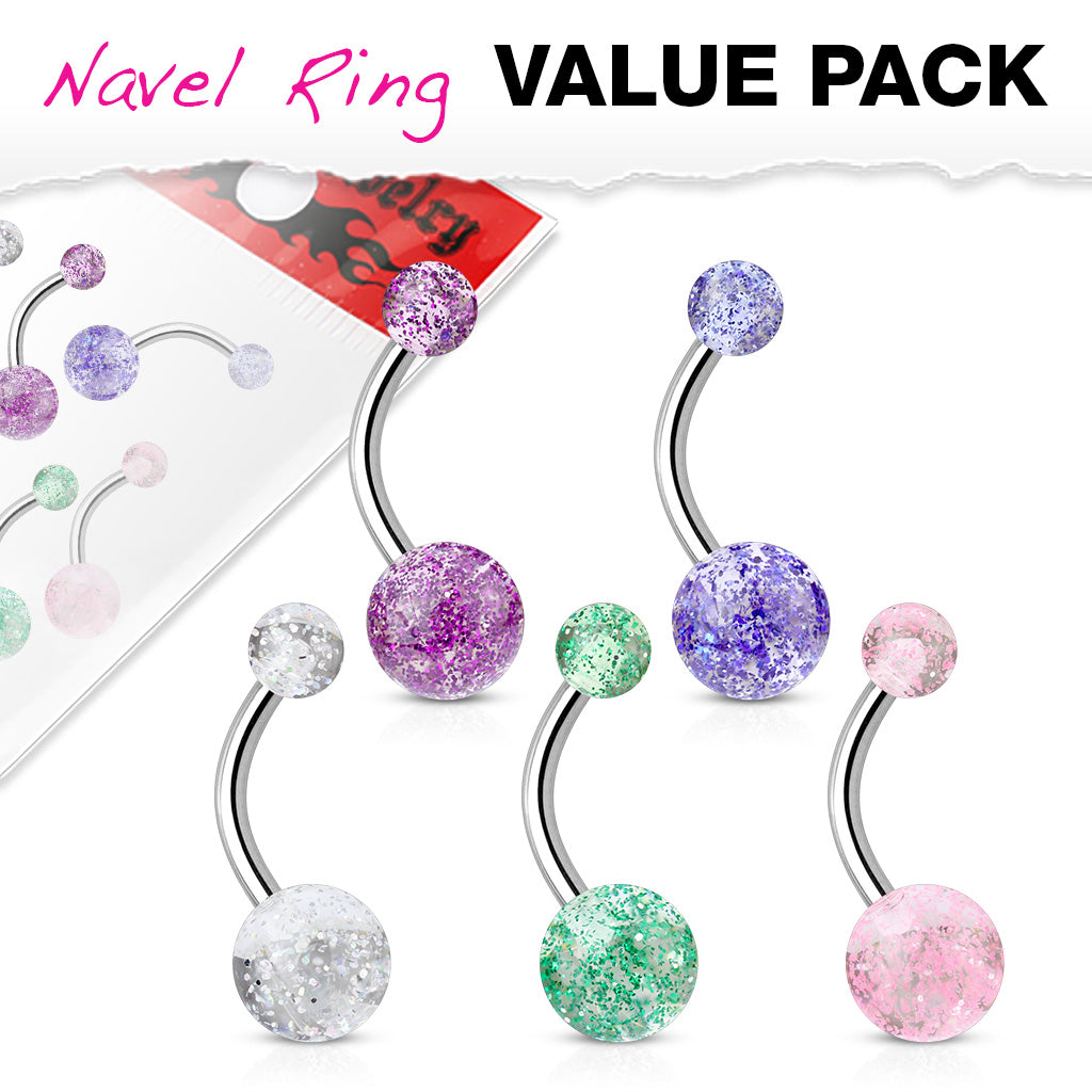 MULTI PACK OF 5 GLITTER BELLY BARS - 10MM