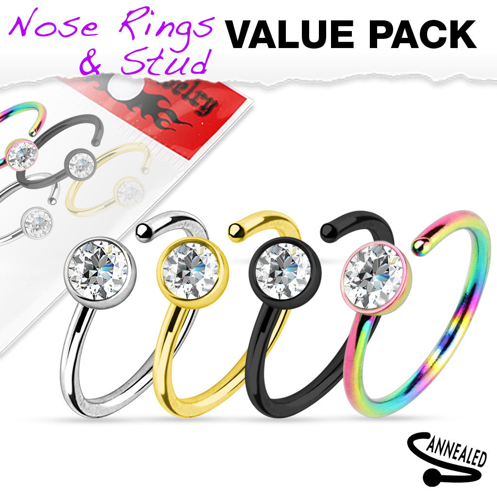 MULTI PACK OF 4 CRYSTAL CENTRE BENDABLE NOSE HOOP RINGS - 8MM - 20 GAUGE