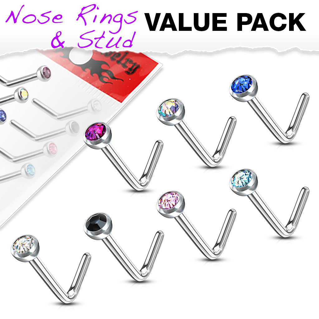 MULTI PACK OF 7 CRYSTAL CENTRE DAINTY L BEND NOSE STUDS - 6MM- 20 GAUGE