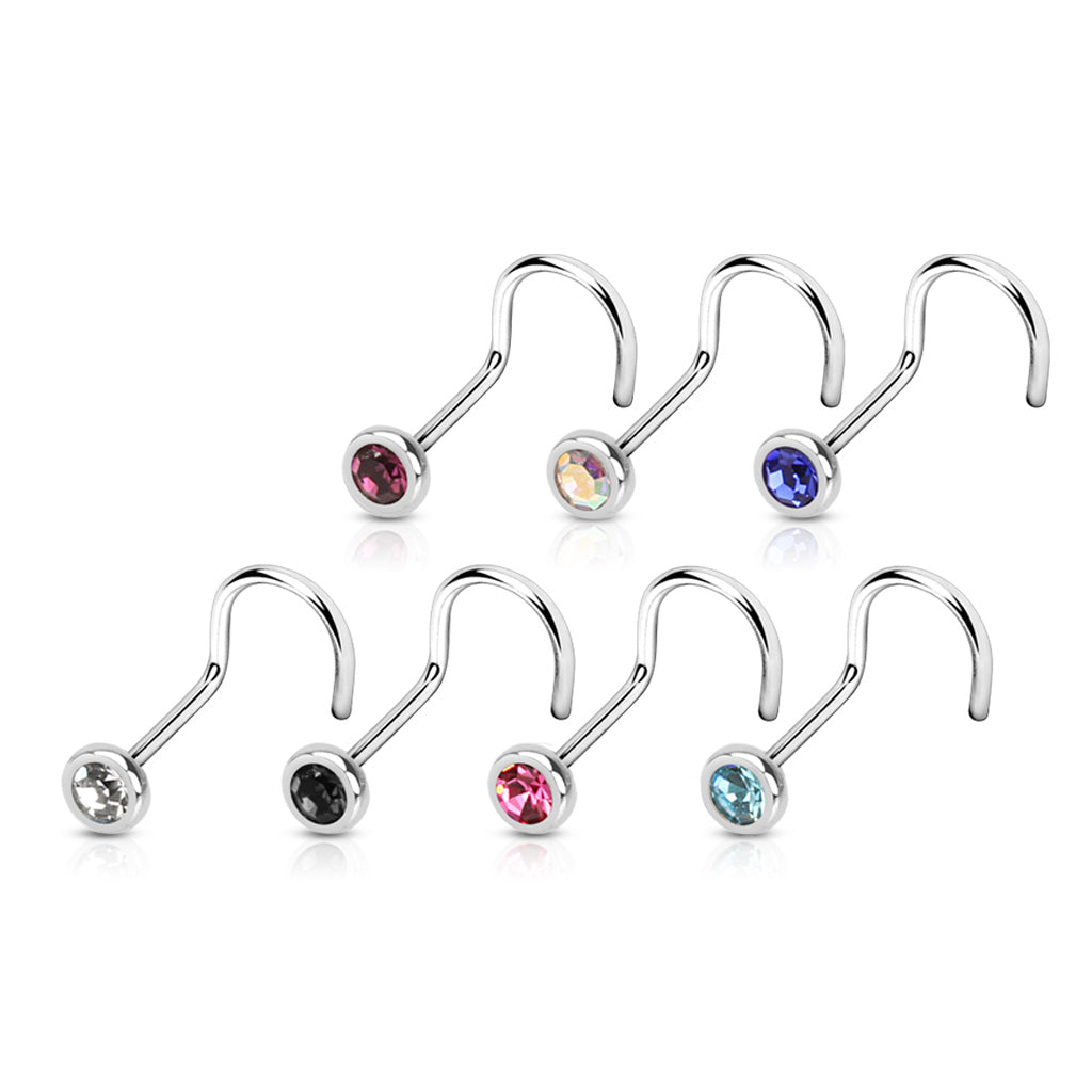 MULTI PACK OF 7 CRYSTAL CENTRE DAINTY SCREW NOSE STUDS - 6MM- 20 GAUGE