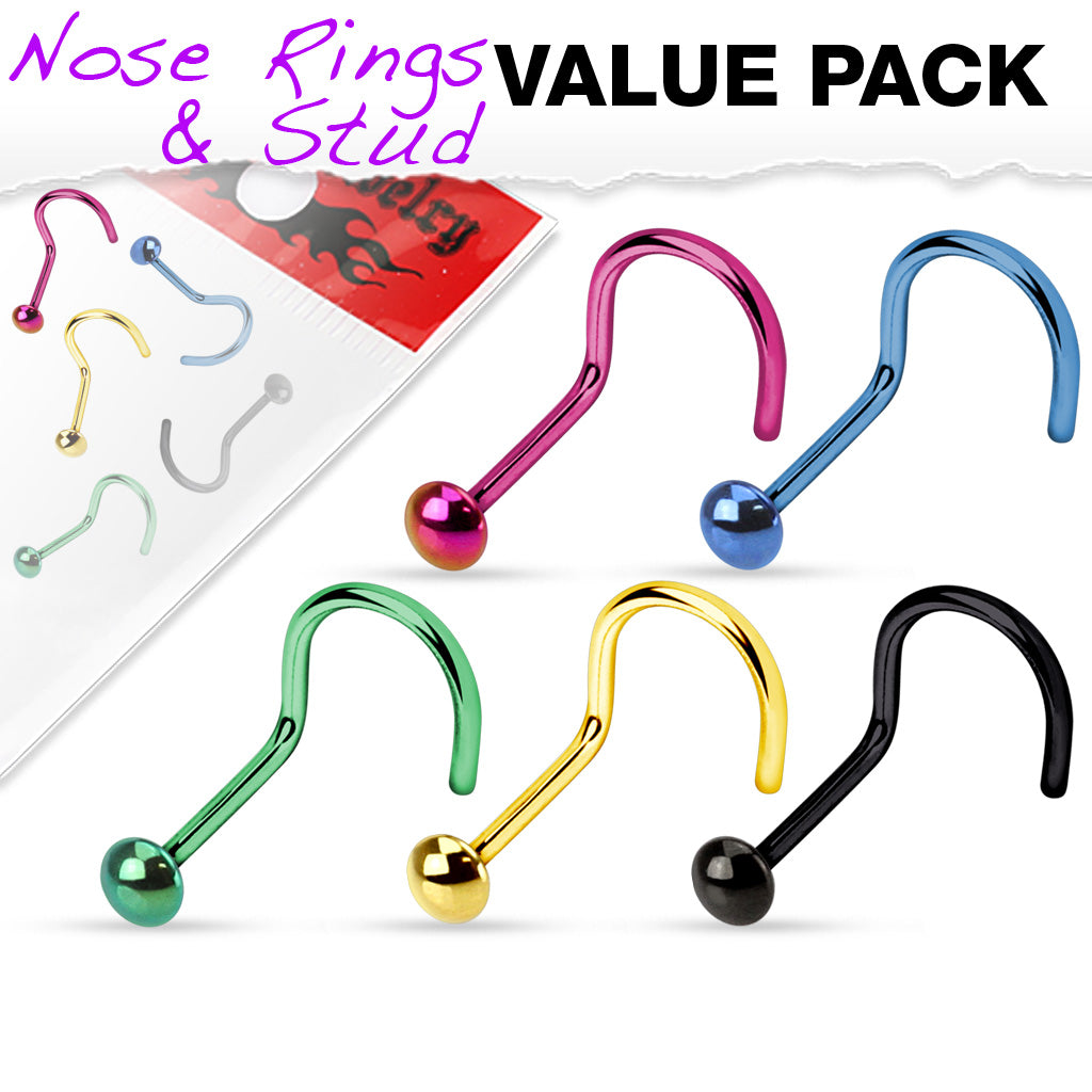 MULTI PACK OF 5 MULTICOLOURED DAINTY NOSE STUDS - 20 GAUGE - 6MM
