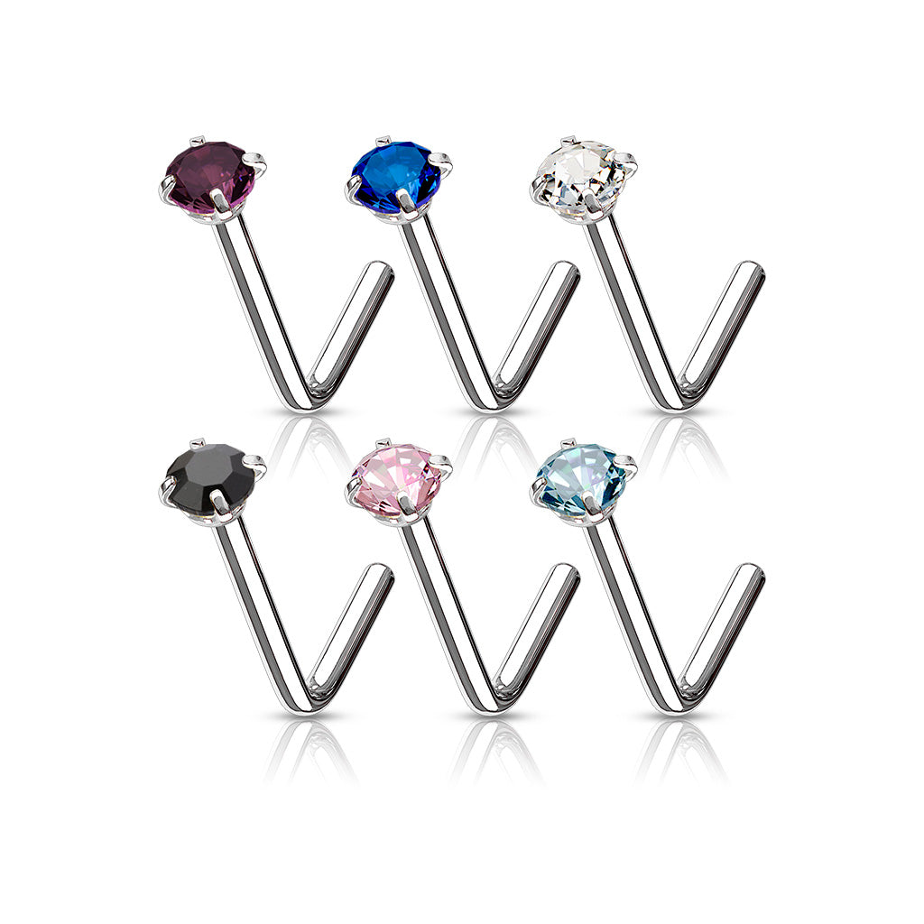 MULTI PACK OF 6 CRYSTAL TOP L BEND NOSE STUDS - 20 GAUGE - 6MM