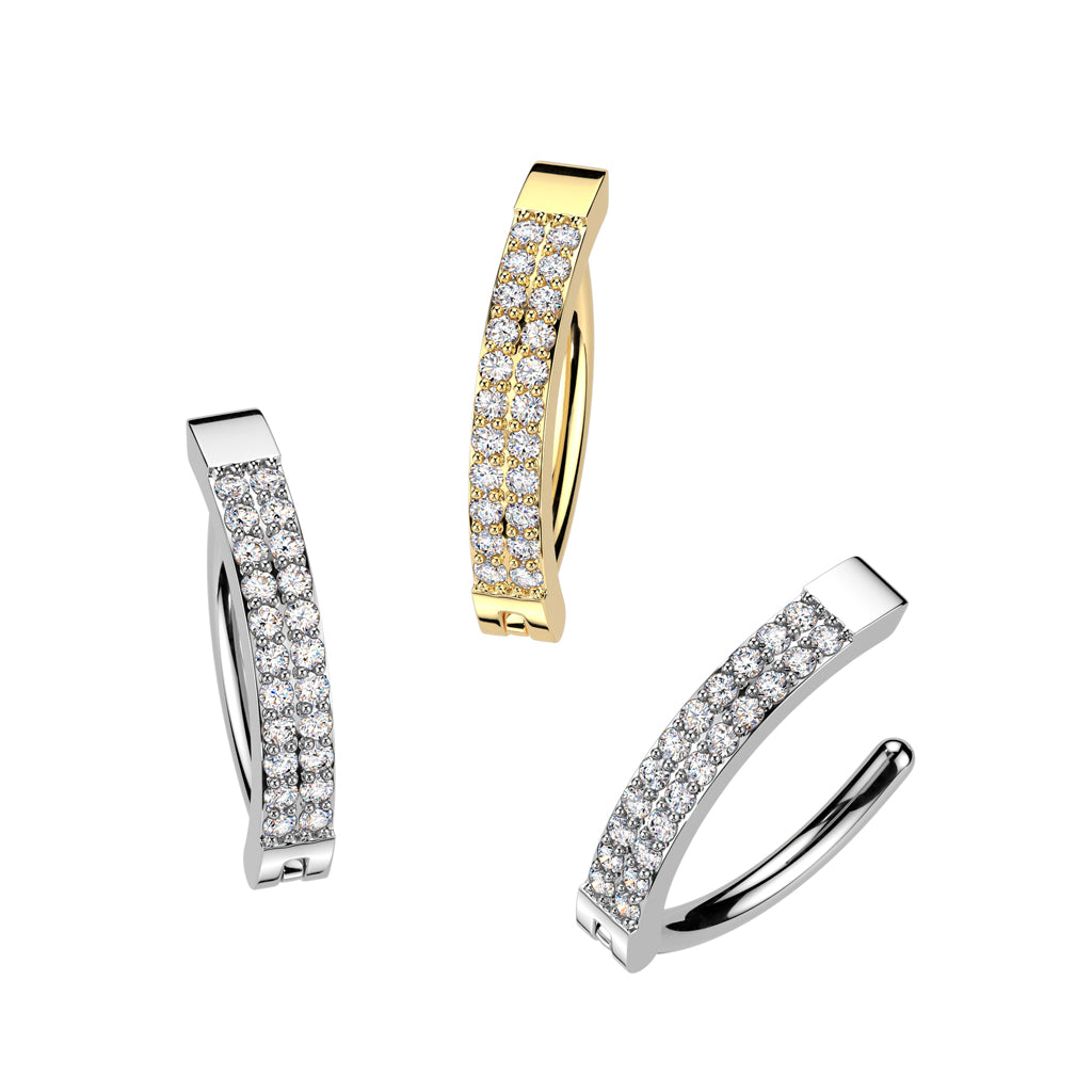 SURGICAL STEEL DOUBLE CRYSTAL ROW BELLY CLICKER HINGE HOOP - 11MM