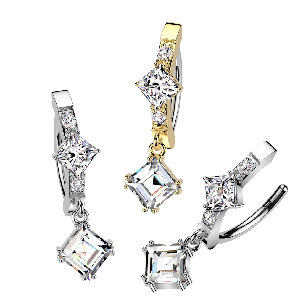 CRYSTAL SQUARE CENTRE CHARM DANGLY BELLY HOOP CLICKER RING - 12MM