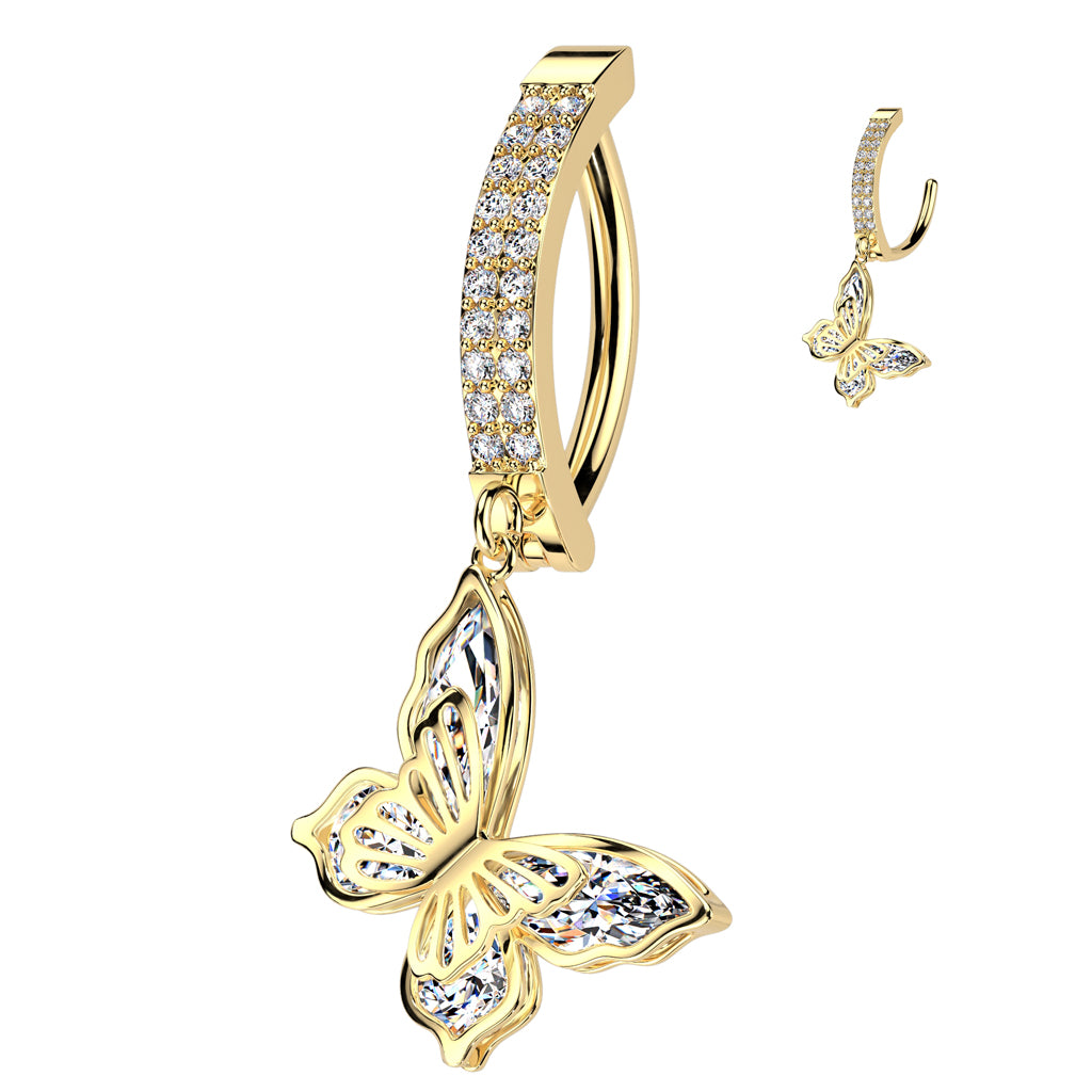 CRYSTAL LINED DANGLY BUTTERFLY CHARM BELLY RING CLICKER HOOP- 12MM