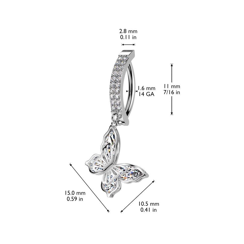 CRYSTAL LINED DANGLY BUTTERFLY CHARM BELLY RING CLICKER HOOP- 12MM