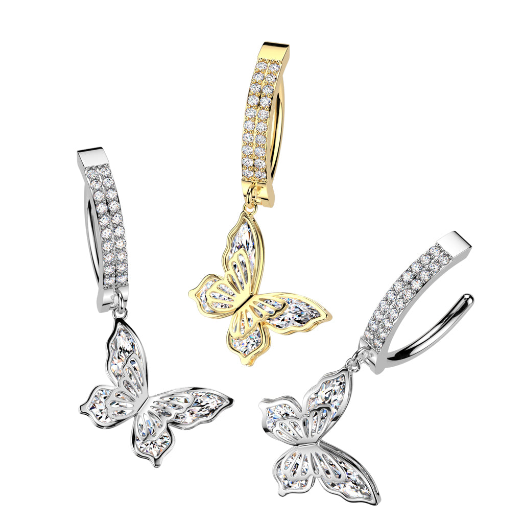 CRYSTAL LINED DANGLY BUTTERFLY CHARM BELLY RING CLICKER HOOP- 12MM