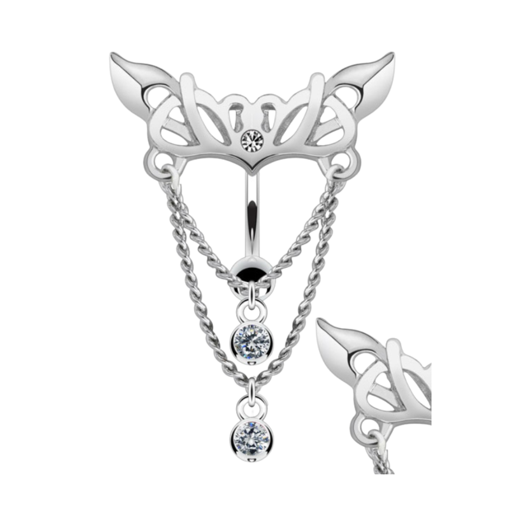 SILVER WOLF CRYSTAL CHAIN & CHARM REVERSE BELLY BARBELL - 10MM - 14 GAUGE