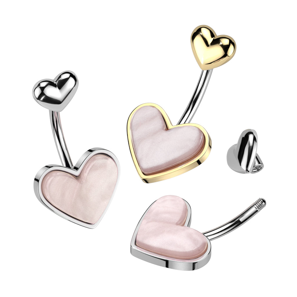 MOTHER OF PEARL DOUBLE LOVE HEART BELLY BAR - 10MM