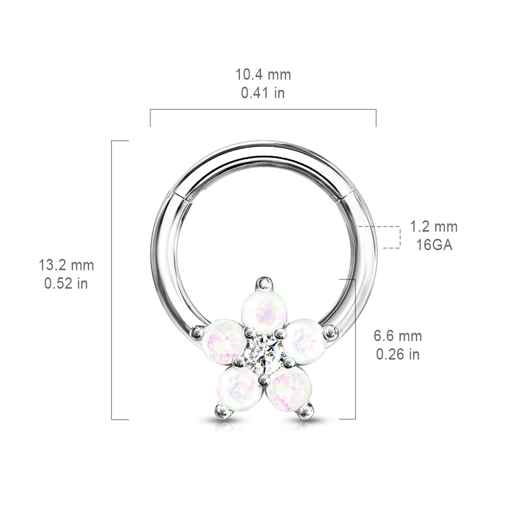 SILVER OPAL FLOWER HINGED HOOP RING -