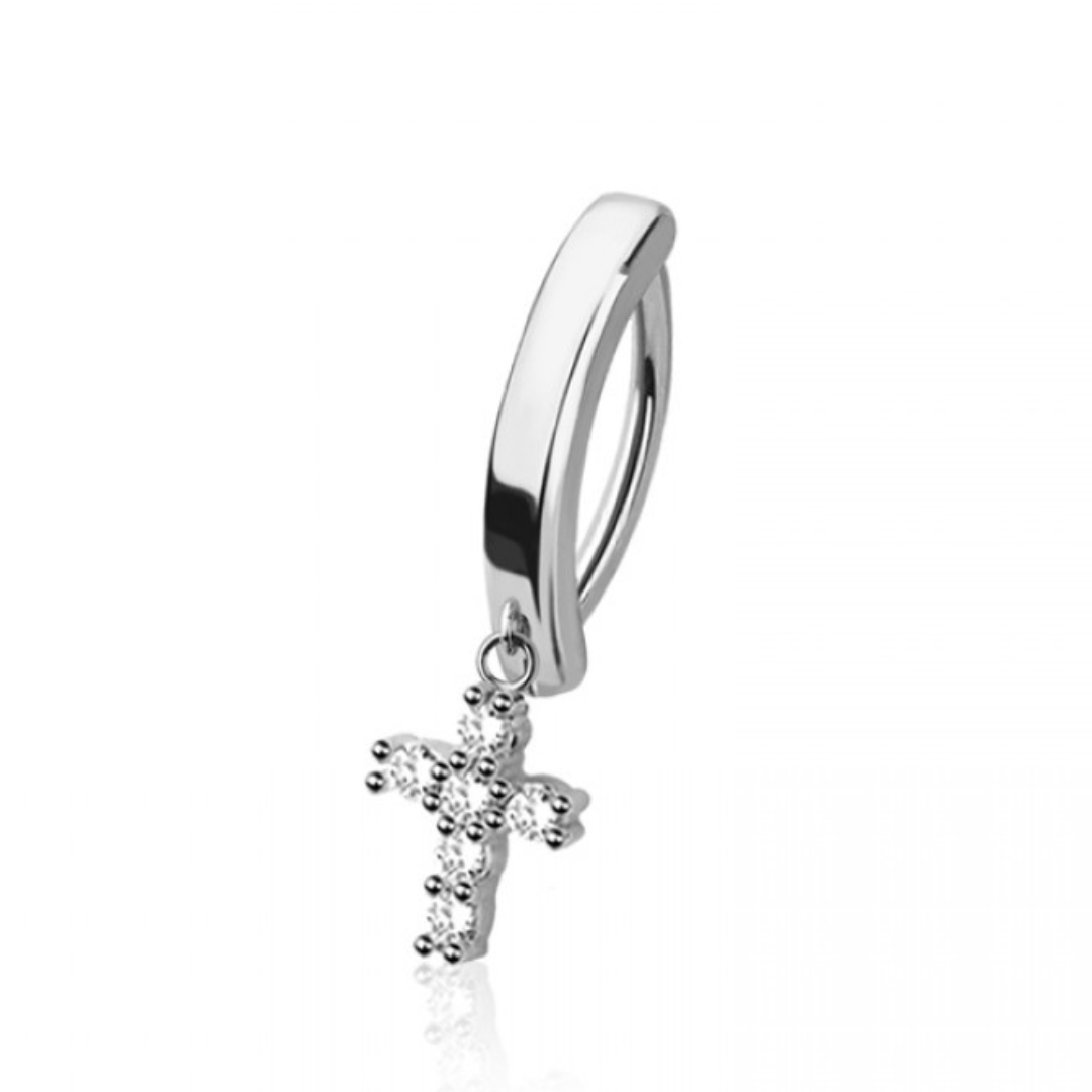 CRYSTAL CROSS CHARM BELLY CLICKER HOOP - 10MM