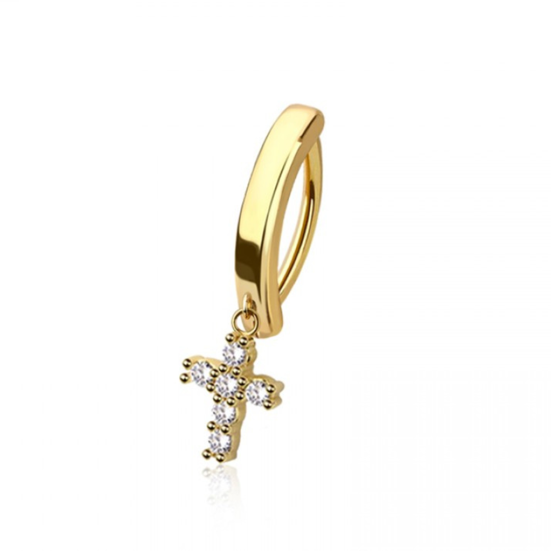 CRYSTAL CROSS CHARM BELLY CLICKER HOOP - 10MM