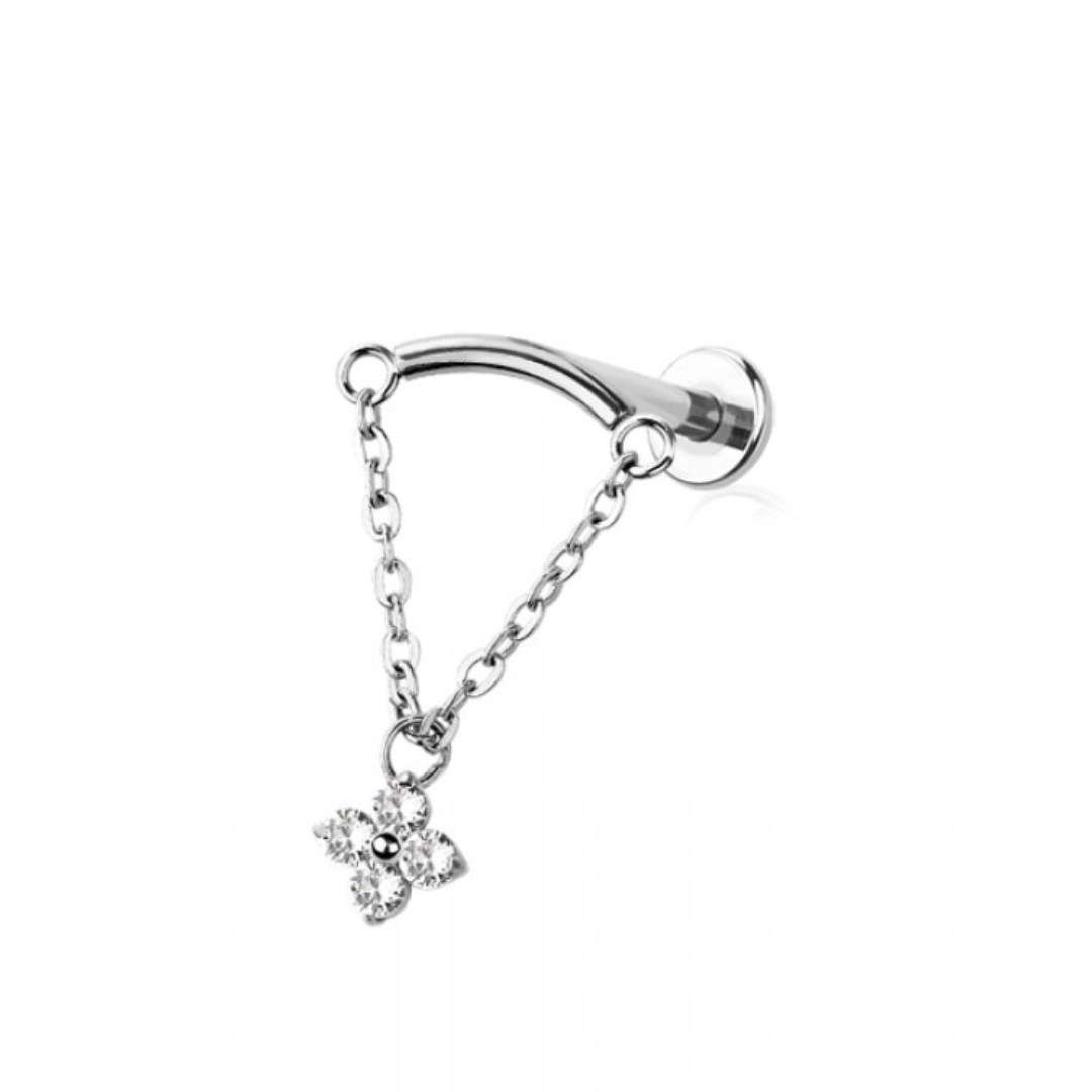 CRYSTAL FLOWER CHARM & CHAIN CURVED BAR FLAT BACK LABRET - 18 GAUGE - 6MM
