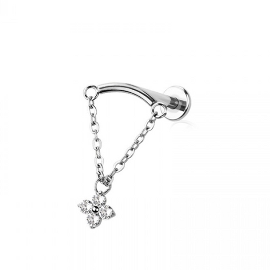 CRYSTAL FLOWER CHARM & CHAIN CURVED BAR FLAT BACK LABRET - 18 GAUGE - 6MM HIDDEN HELIX