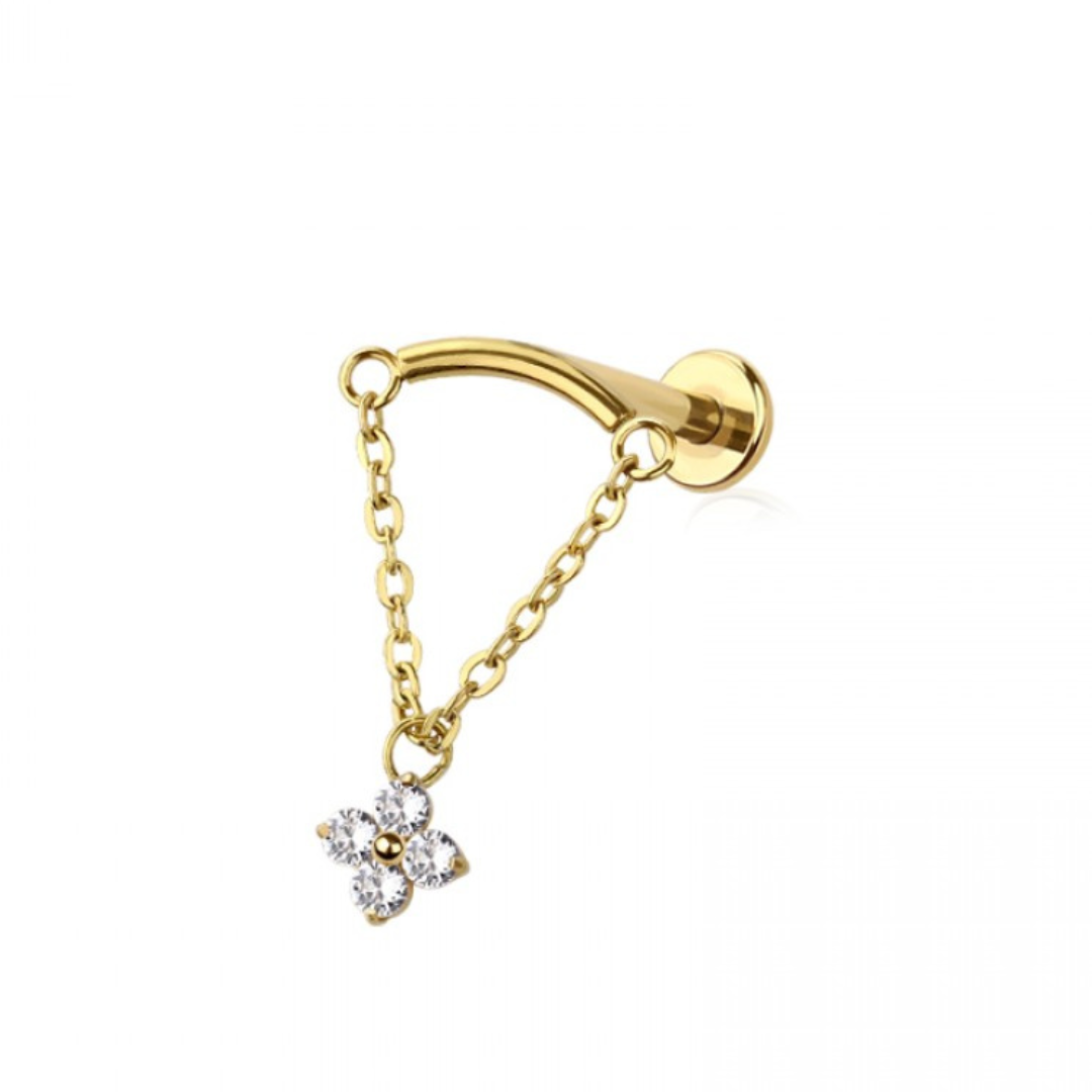 CRYSTAL FLOWER CHARM & CHAIN CURVED BAR FLAT BACK LABRET - 18 GAUGE - 6MM