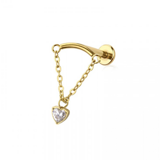 CRYSTAL LOVE HEART CHARM & CHAIN CURVED BAR FLAT BACK LABRET - 18 GAUGE - 6MM HIDDEN HELIX