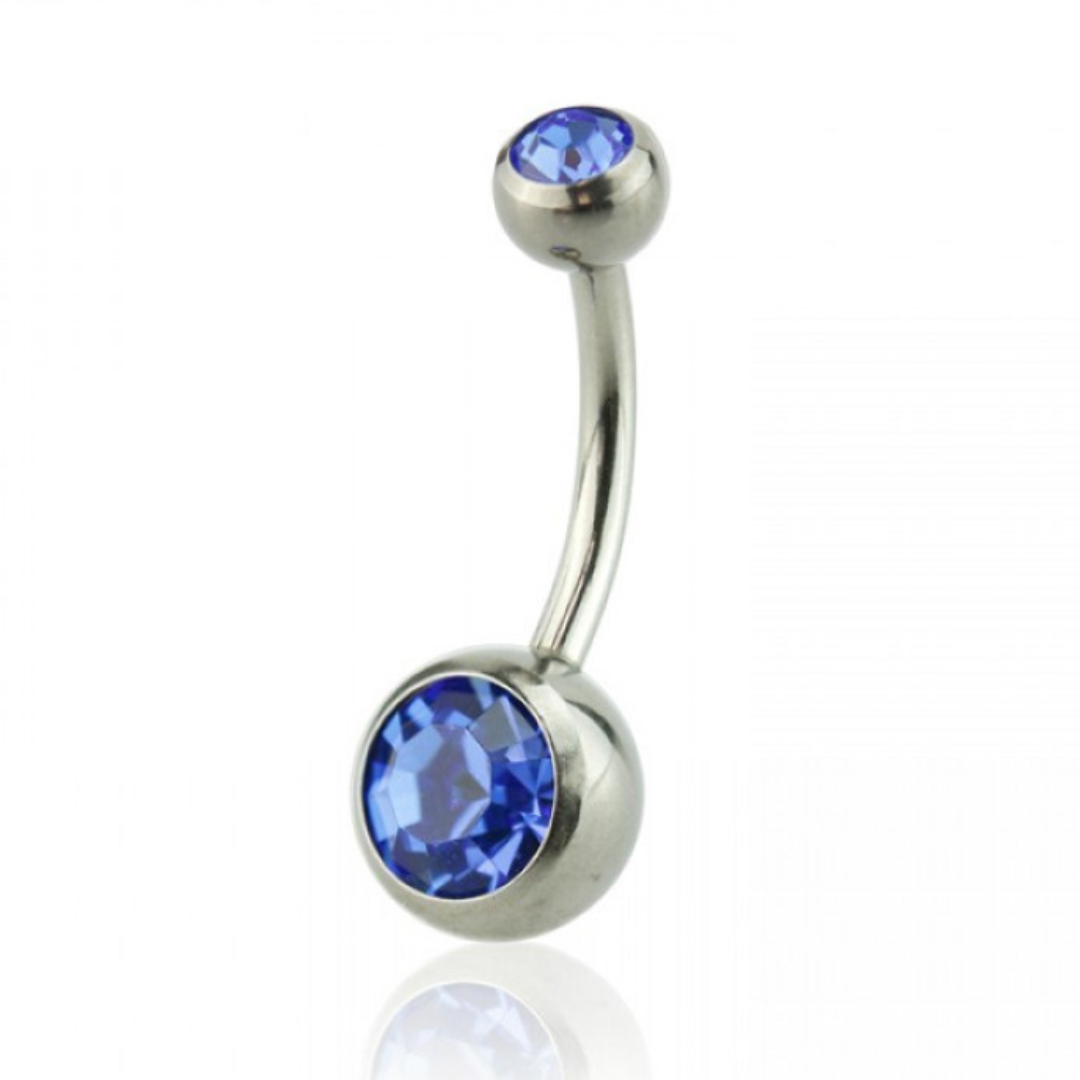 TITANIUM DAINTY DOUBLE CRYSTAL BLUE BELLY BAR - 8MM - 14 GAUGE