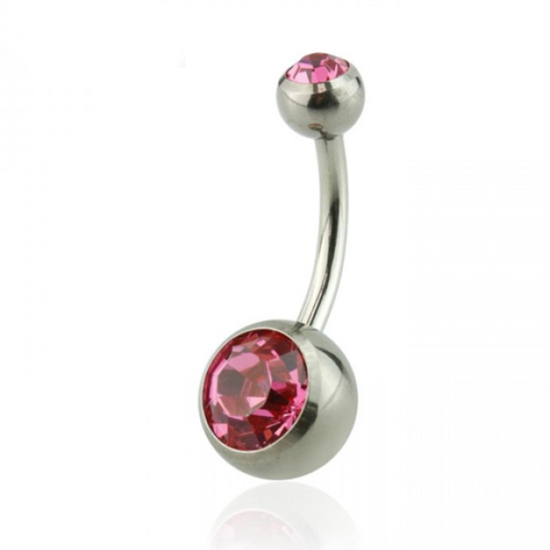 TITANIUM DAINTY DOUBLE CRYSTAL PINK BELLY BAR - 8MM - 14 GAUGE
