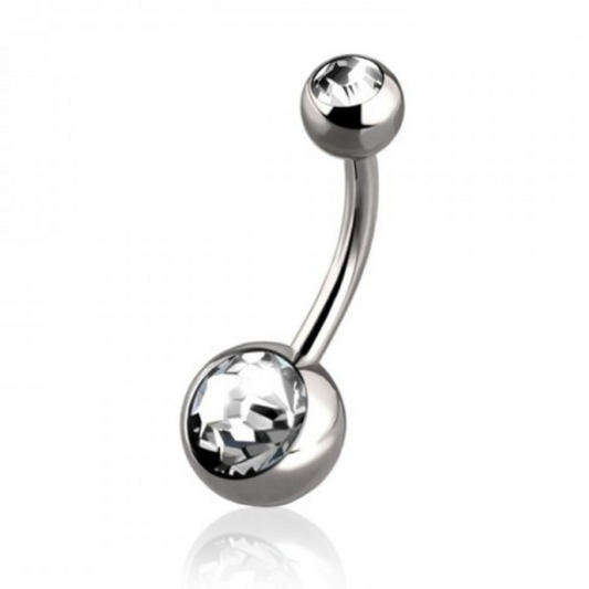 TITANIUM DAINTY DOUBLE CRYSTAL BELLY BAR - 8MM - 14 GAUGE