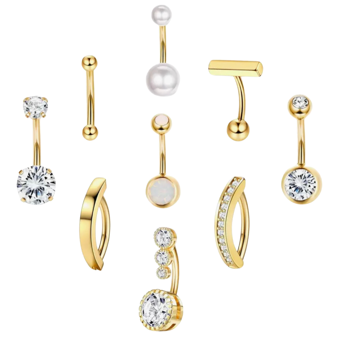 MULTI PACK OF 9 GOLD CRYSTAL BELLY BARS & CLICKER HOOPS - 10MM