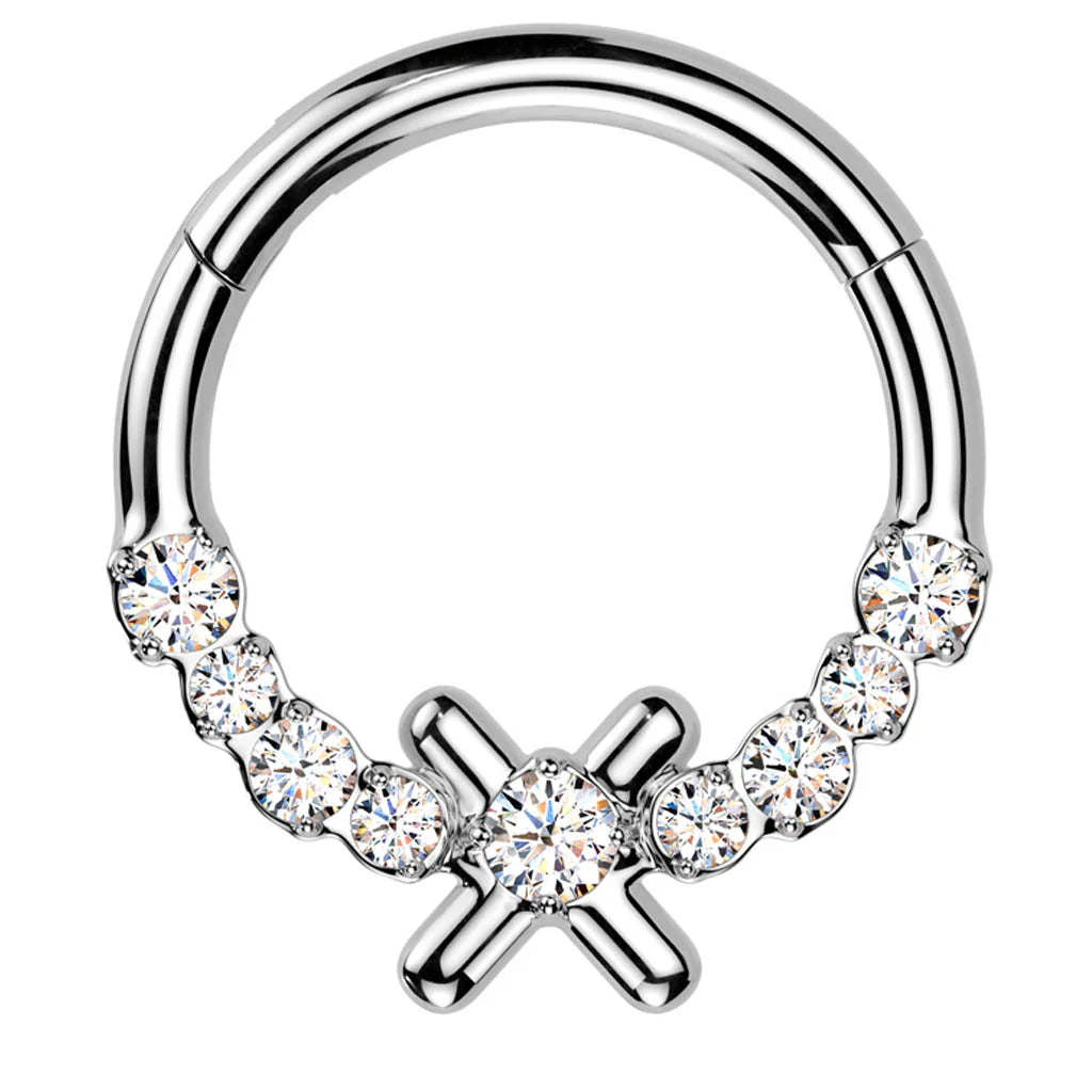 CRYSTAL CROSS HINGE HOOP - 10MM - 16 GAUGE