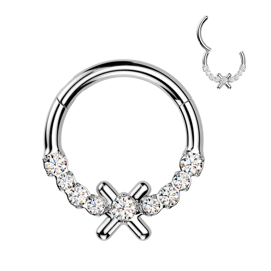 CRYSTAL CROSS HINGE HOOP - 10MM - 16 GAUGE