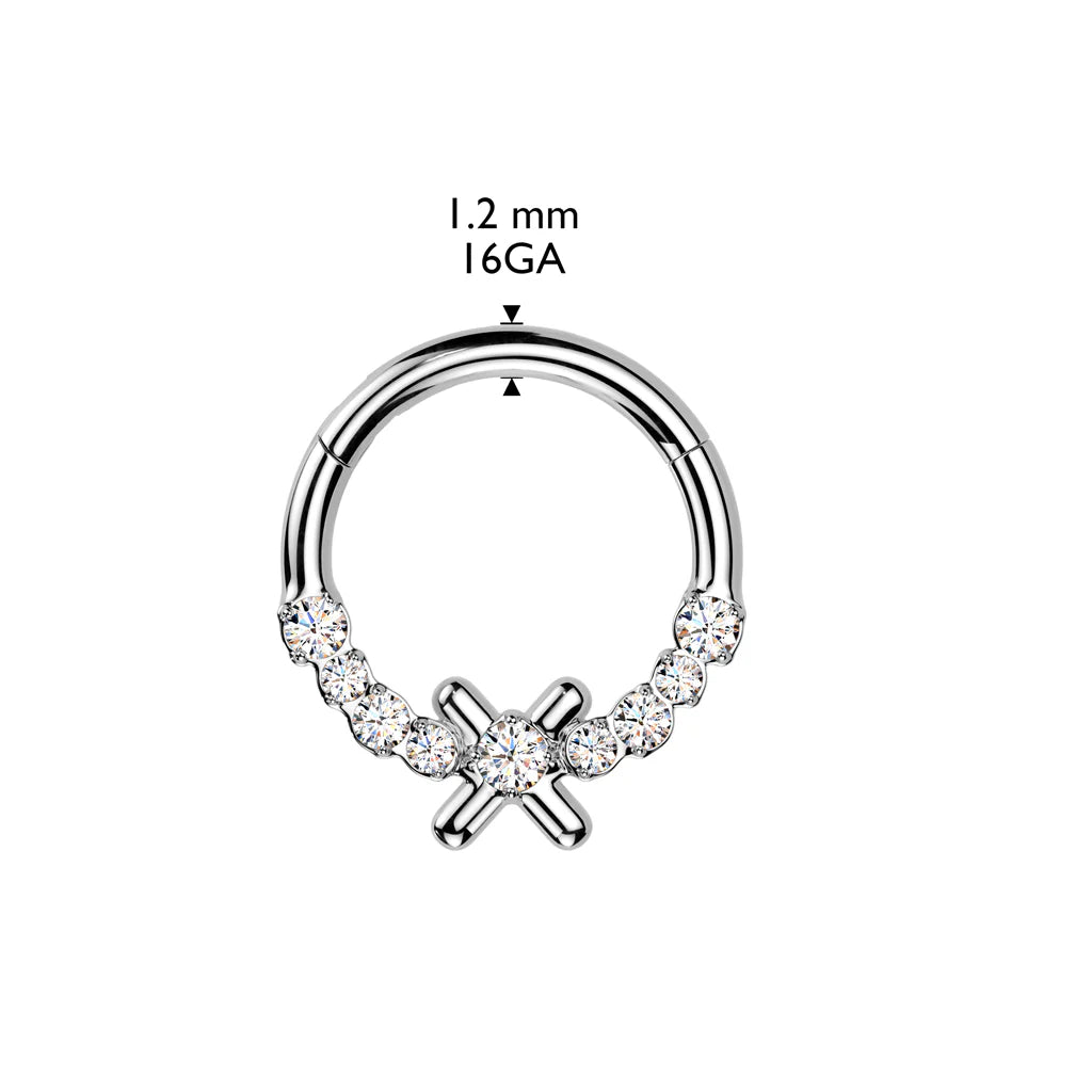 CRYSTAL CROSS HINGE HOOP - 10MM - 16 GAUGE