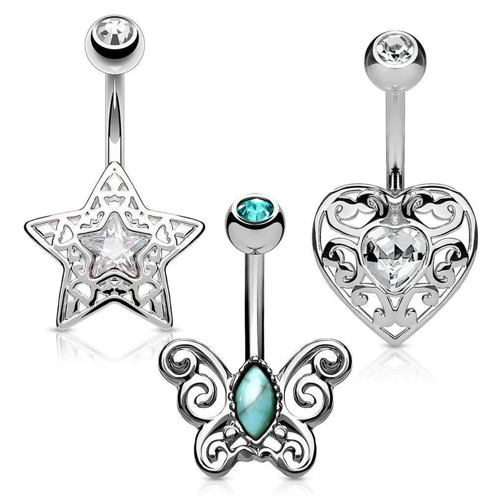 MULTI PACK OF 3 SUMMER BELLY BARS - STAR BUTTERFLY HEART - 10MM - 14 GAUGE