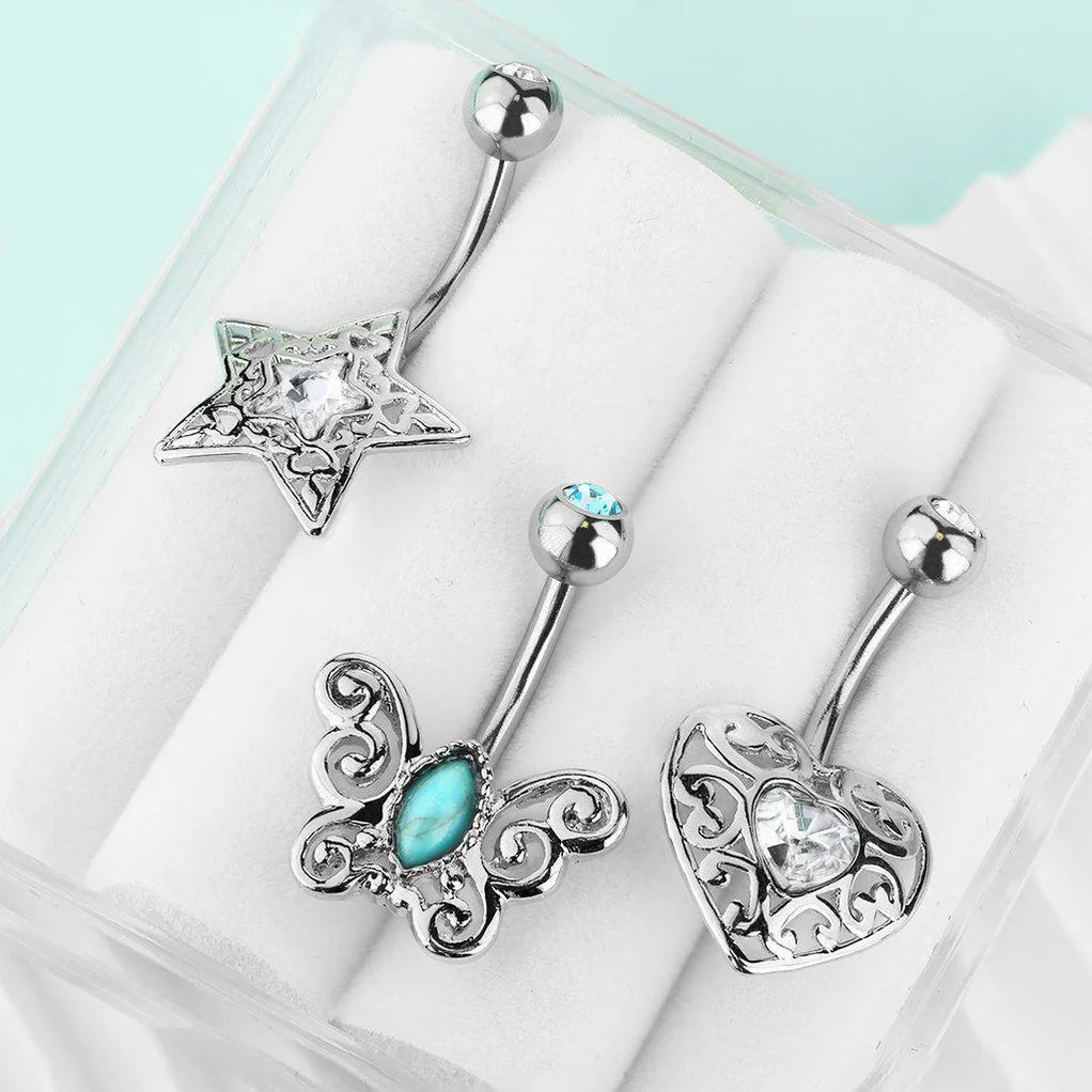 MULTI PACK OF 3 SUMMER BELLY BARS - STAR BUTTERFLY HEART - 10MM - 14 GAUGE