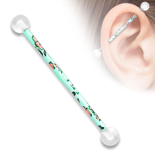 FUNKY FLORAL PATTERN GREEN ACRYLIC INDUSTRIAL BARBELL - 38MM - 14 GAUGE