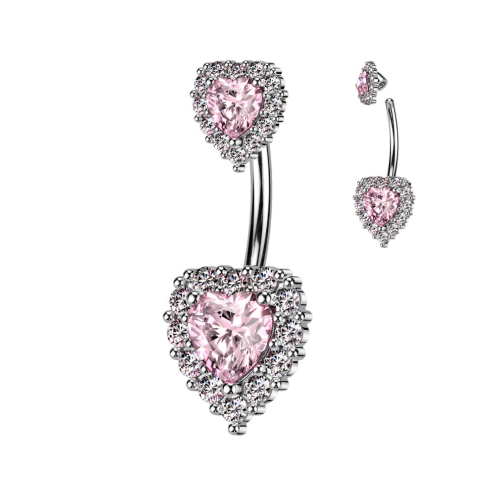 CRYSTAL BABY PINK LOVE HEART BELLY BAR - 14 GAUGE -10MM