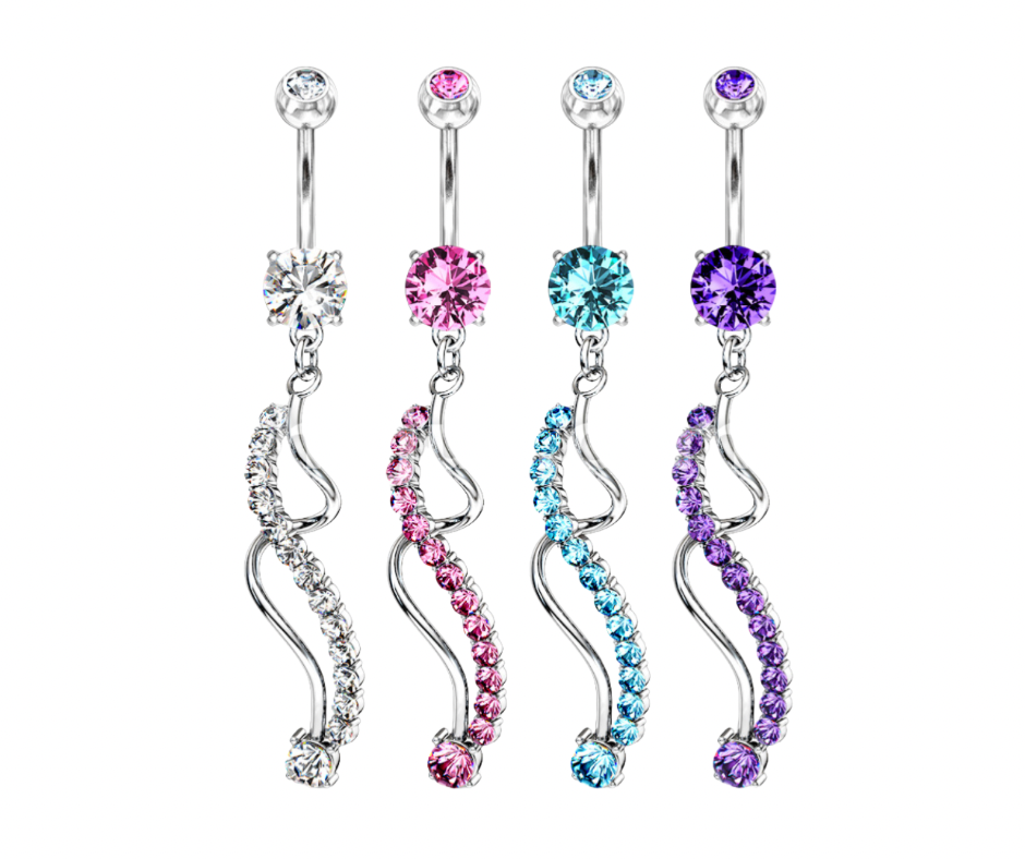 CRYSTAL TWISTED DANGLY CHARM BELLY BAR - 14 GAUGE - 10MM