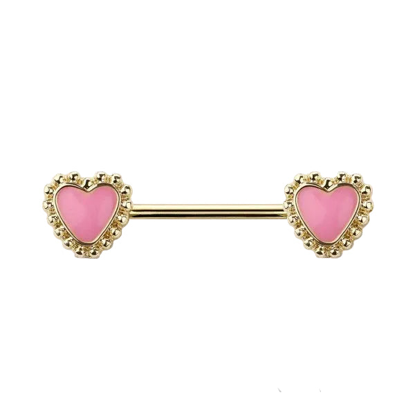 GOLD & PINK BEADED LOVE HEART NIPPLE BAR - 14 GAUGE - 14MM