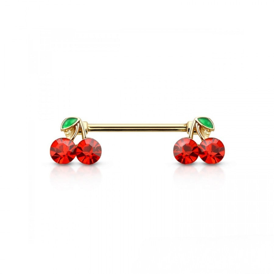GOLD CUTE CRYSTAL CHERRY NIPPLE BAR - 14 GAUGE - 14MM