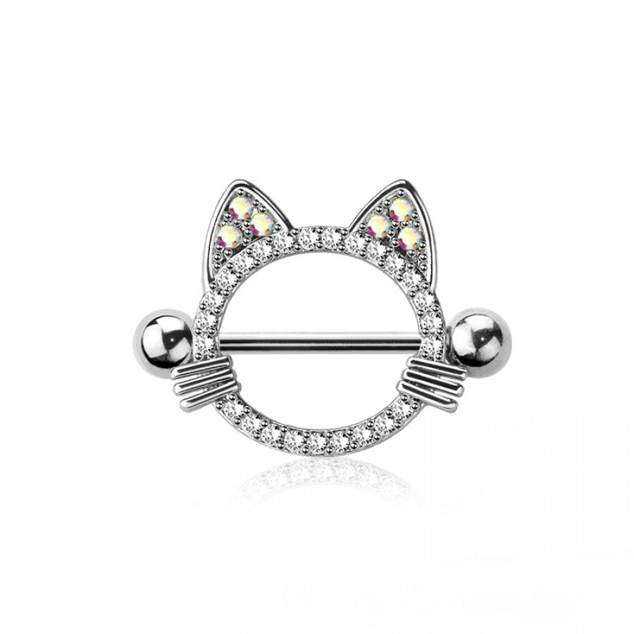 AURORA CRYSTAL KITTY CAT EAR NIPPLE BAR - 14 GAUGE -14MM