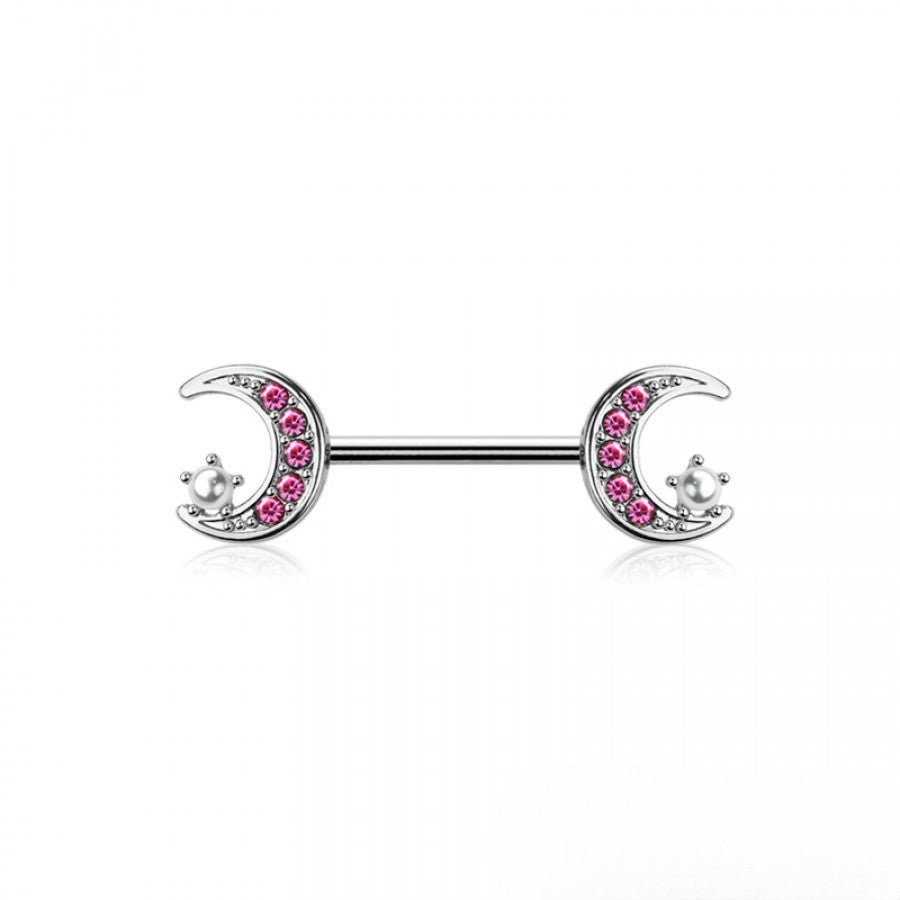 SILVER & PINK CRYSTAL & MINI PEARL MOON & STAR NIPPLE BAR - 14 GAUGE - 14MM