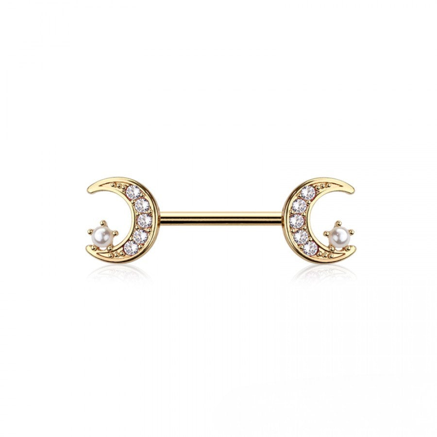 GOLD CRYSTAL & MINI PEARL MOON & STAR NIPPLE BAR - 14 GAUGE - 14MM