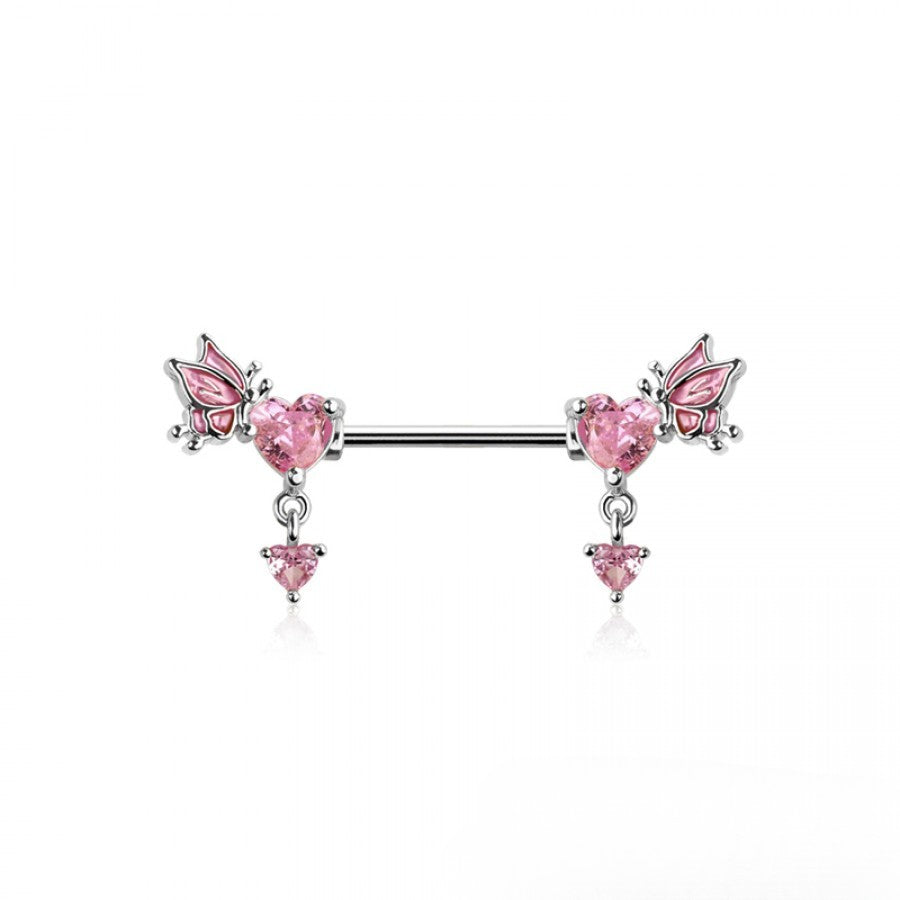 SILVER & PINK LOVE HEART & BUTTERFLY CHARM NIPPLE BAR - 14 GAUGE - 14MM