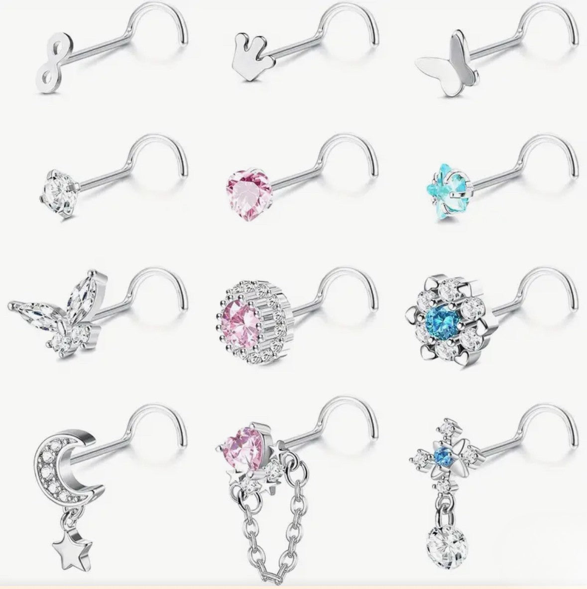 12 PACK OF DANGLY CHARM & CRYSTAL SCREW NOSE STUDS - 20 GAUGE