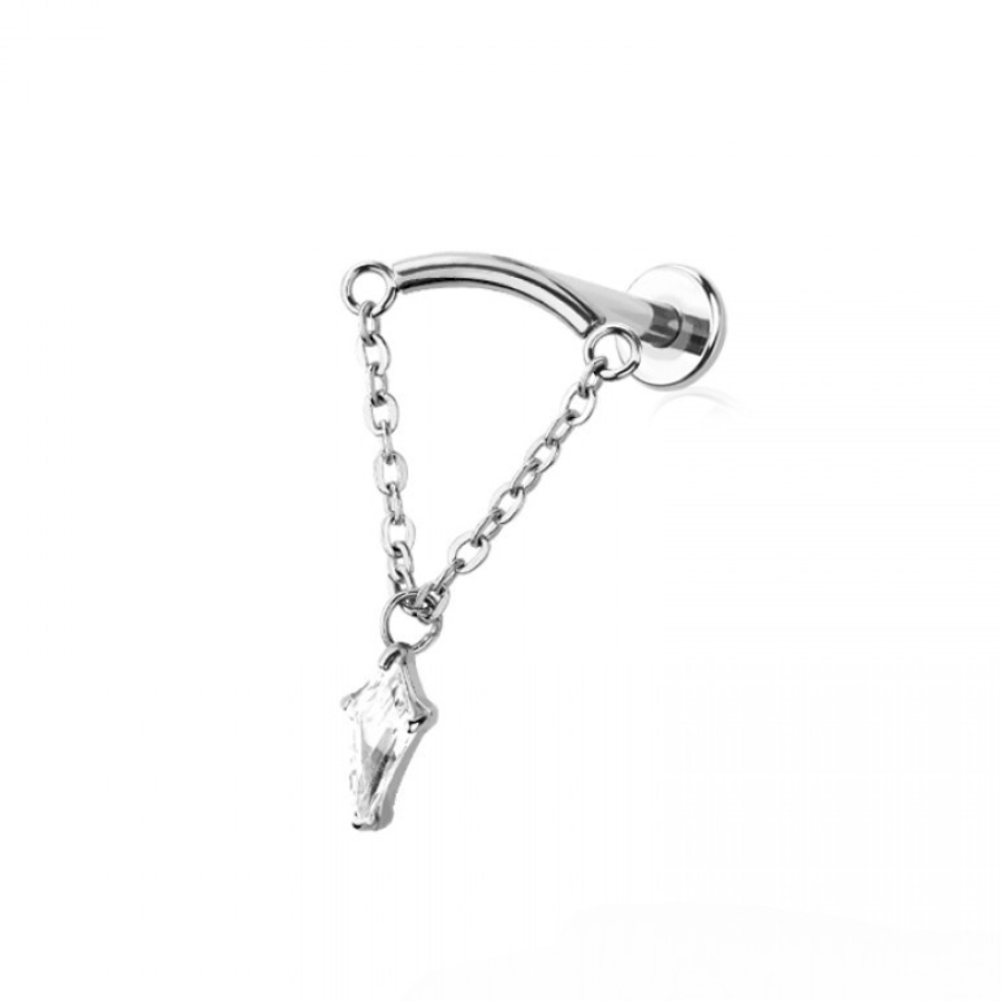 CURVED BAR DANGLE CLEAR MARQUISE CZ CHAIN PUSH IN TOP 316L SURGICAL STEEL LABRET