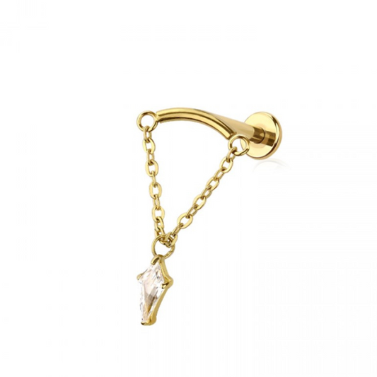 GOLD CURVED BAR DANGLE CLEAR MARQUISE CZ CHAIN PUSH IN TOP 316L SURGICAL STEEL LABRET