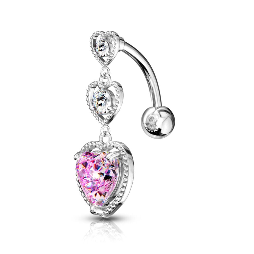 TRIPLE HEART REVERSE CHARM BELLY BAR - 10MM - 14 GAUGE