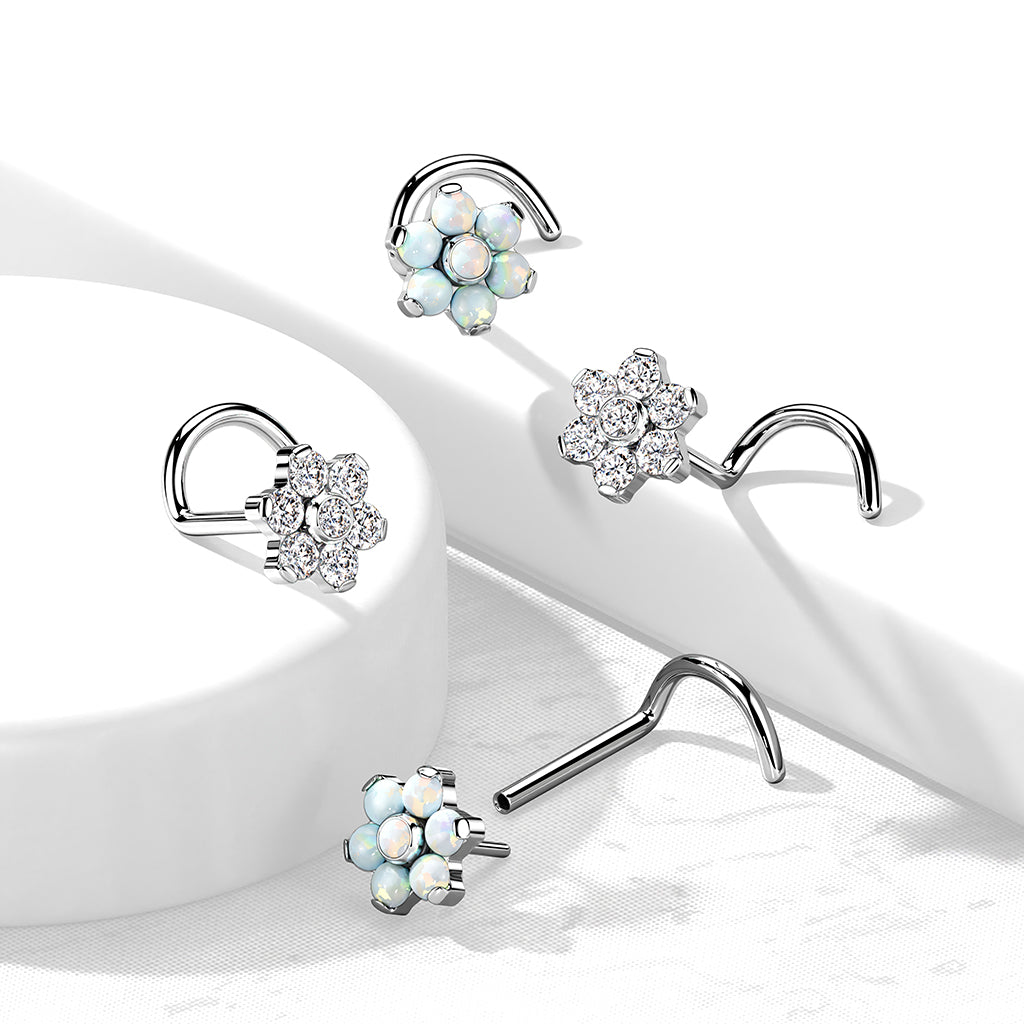 TITANIUM CRYSTAL FLOWER SCREW NOSE STUD - 20 GAUGE - 6MM