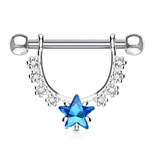 AQUA BLUE CRYSTAL STAR CENTRE NIPPLE BARBELL - 12MM