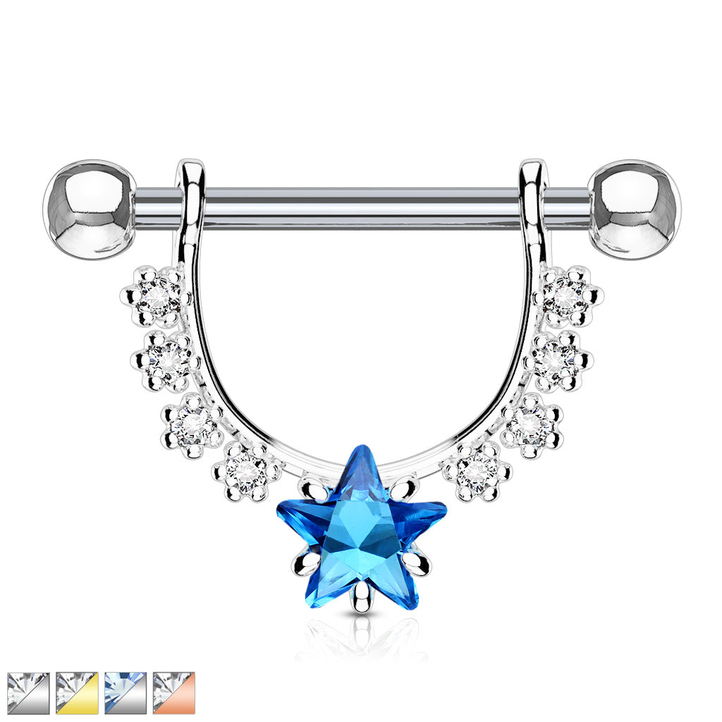 AQUA BLUE CRYSTAL STAR CENTRE NIPPLE BARBELL - 12MM