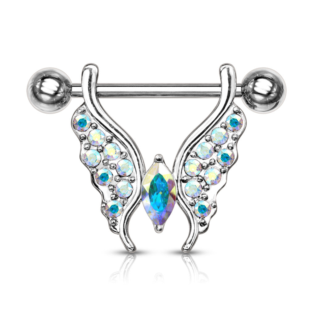 AURORA CRYSTAL BUTTERFLY NIPPLE BAR -14MM