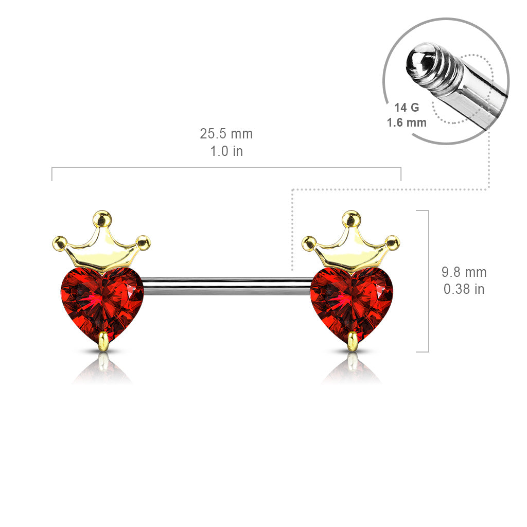 GOLDEN RED CRYSTAL PRINCESS CROWN NIPPLE BAR -14MM