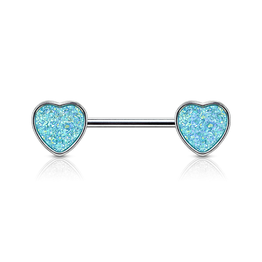 AQUA BLUE DRUZY LOVE HEART NIPPLE BAR - 14 GAUGE - 14MM