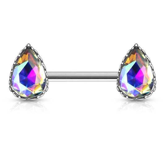 AURORA CRYSTAL TEARDROP NIPPLE BARBELL - 12MM - 14 GAUGE